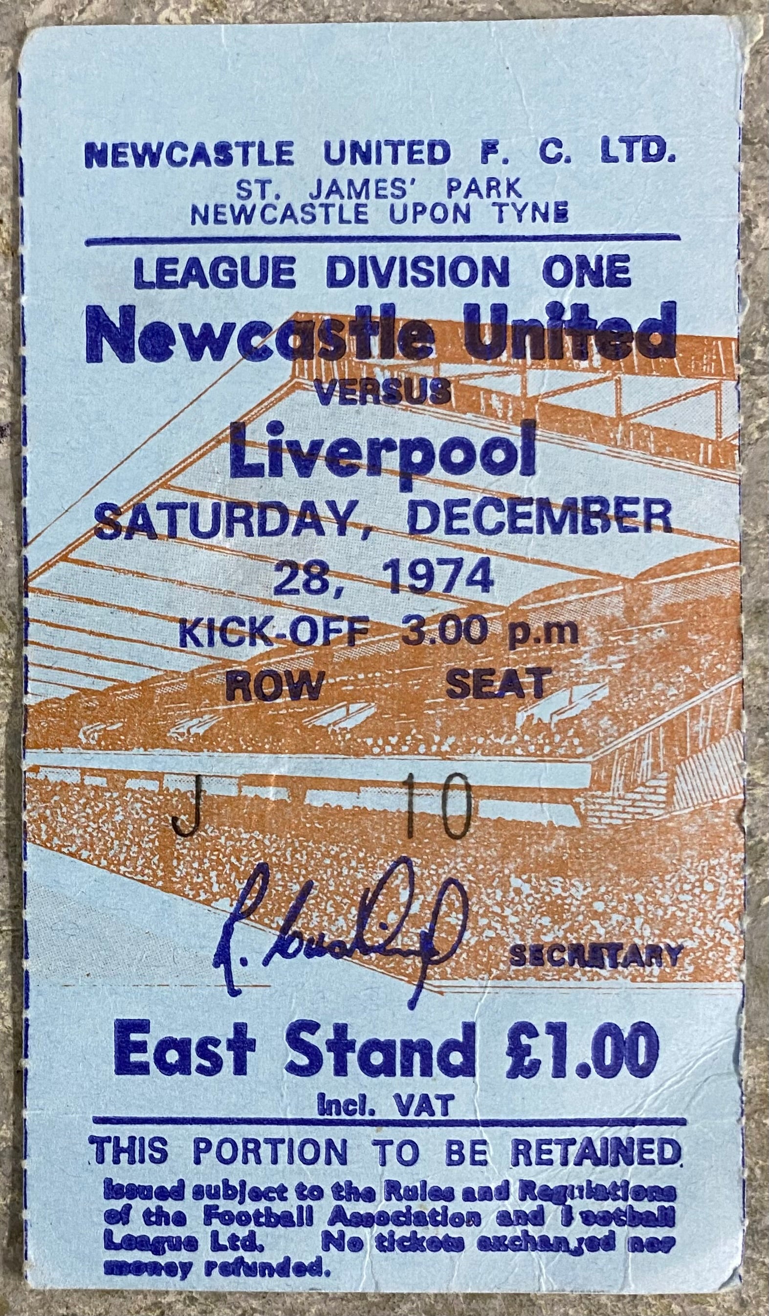 1974/75 ORIGINAL DIVISION 1 TICKET NEWCASTLE UNITED V LIVERPOOL