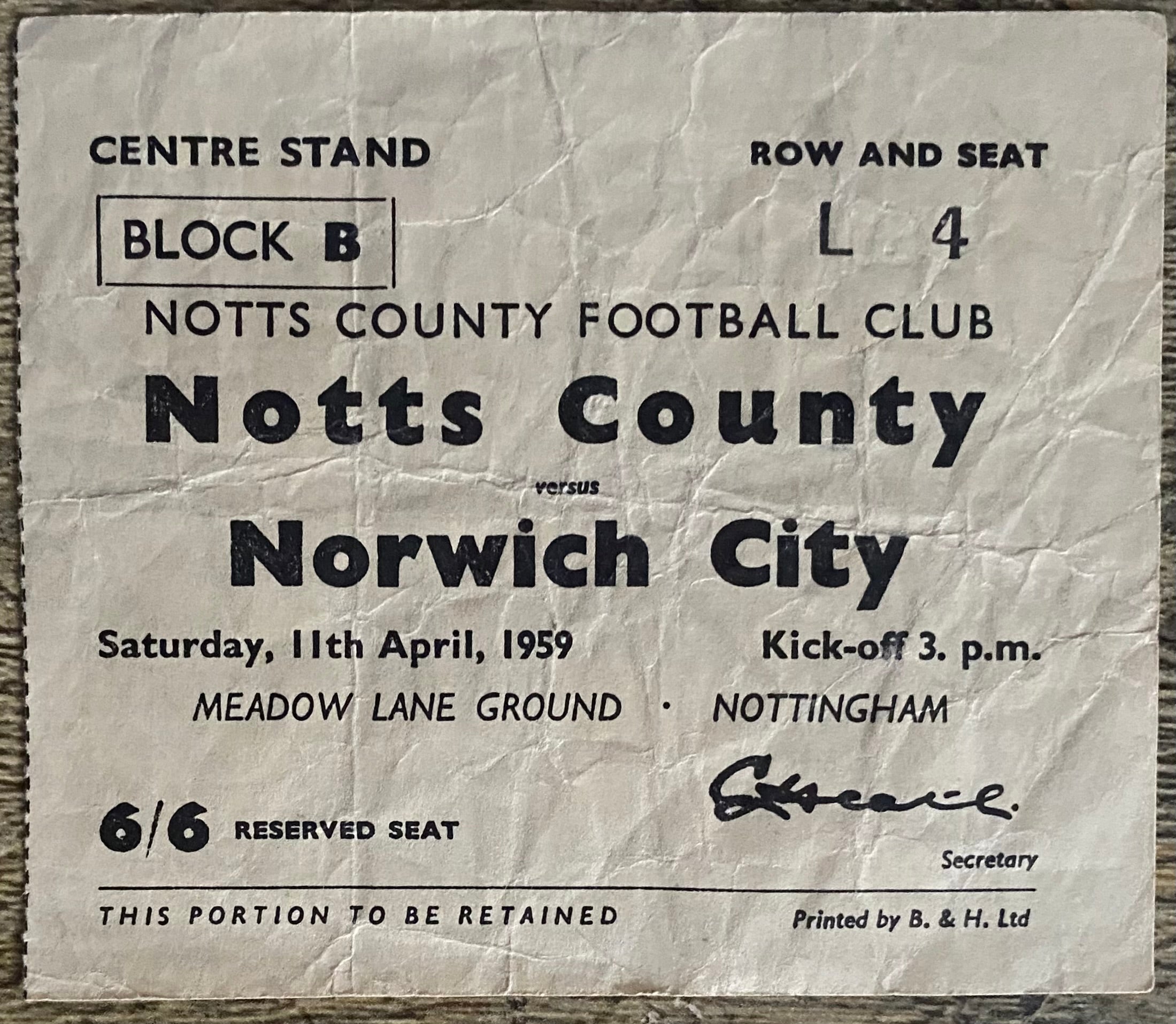 1958/59 ORIGINAL DIVISION 3 TICKET NOTTS COUNTY V NORWICH CITY