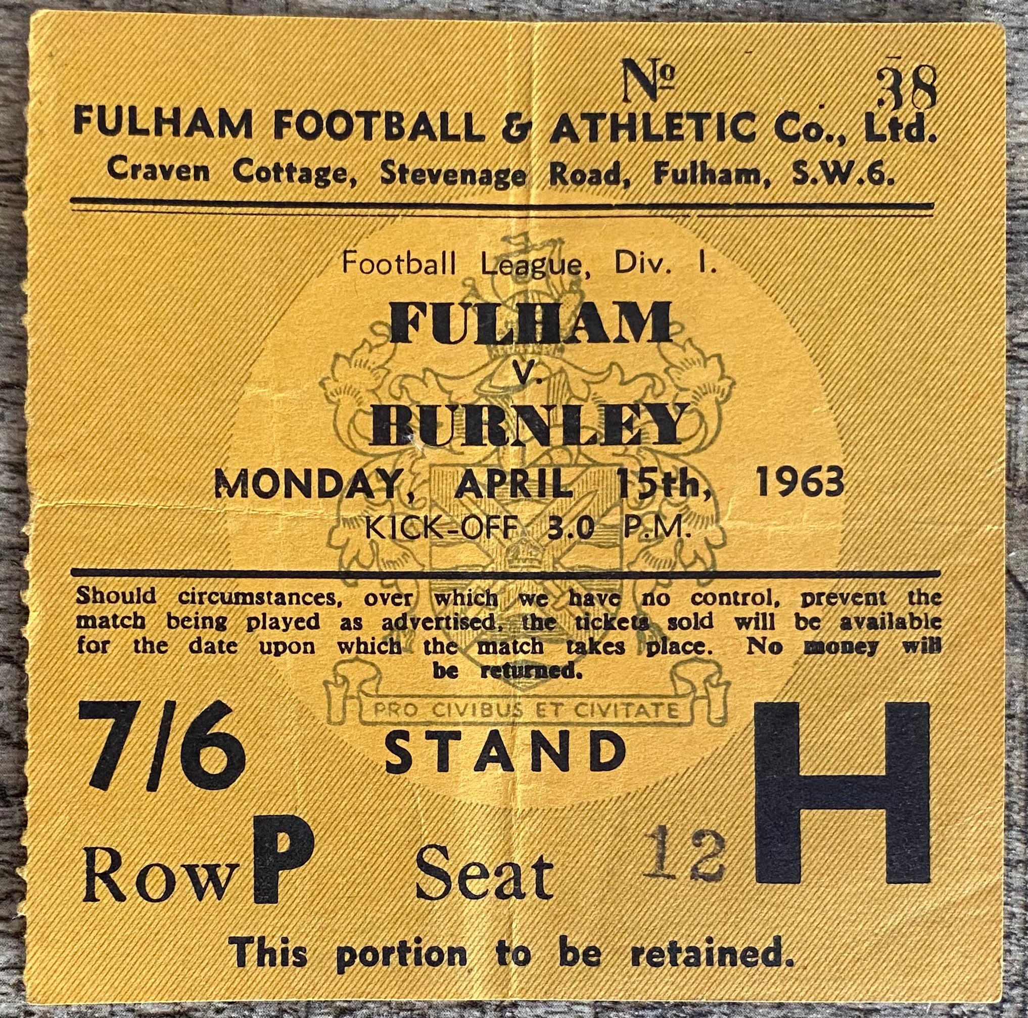 1962/63 ORIGINAL DIVISION 1 TICKET FULHAM V BURNLEY