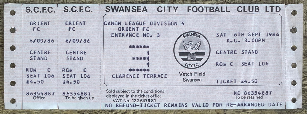 1986/87 ORIGINAL DIVISION 4 UNUSED TICKET SWANSEA CITY V ORIENT