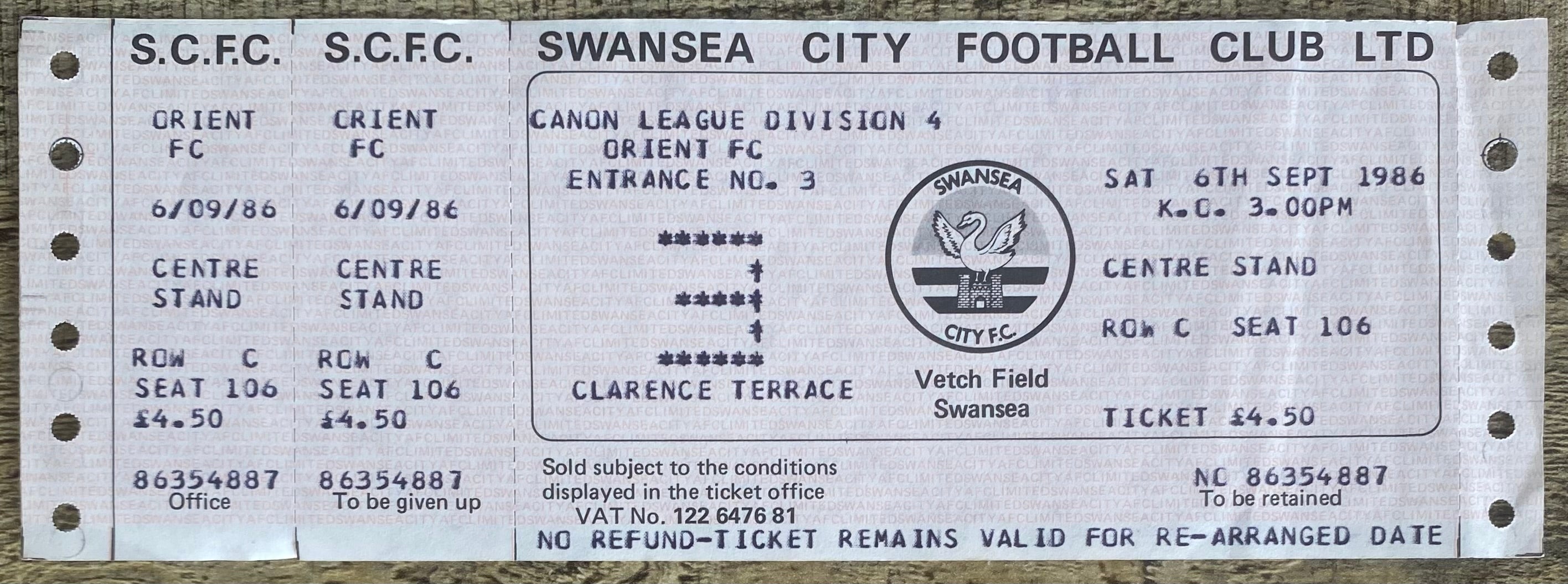 1986/87 ORIGINAL DIVISION 4 UNUSED TICKET SWANSEA CITY V ORIENT