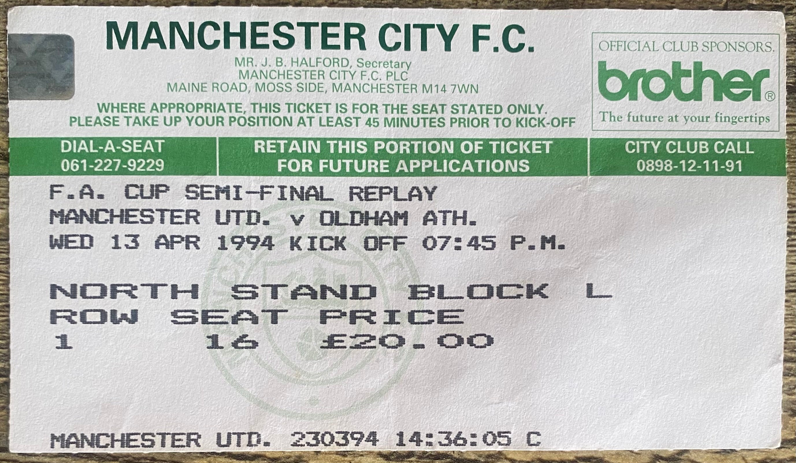 1994 ORIGINAL FA CUP SEMI FINAL REPLAY TICKET MANCHESTER UNITED V OLDHAM ATHLETIC