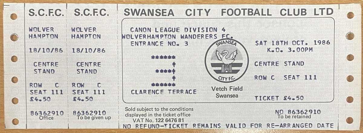 1986/87 ORIGINAL DIVISION 4 UNUSED TICKET SWANSEA CITY V WOLVERHAMPTON WANDERERS