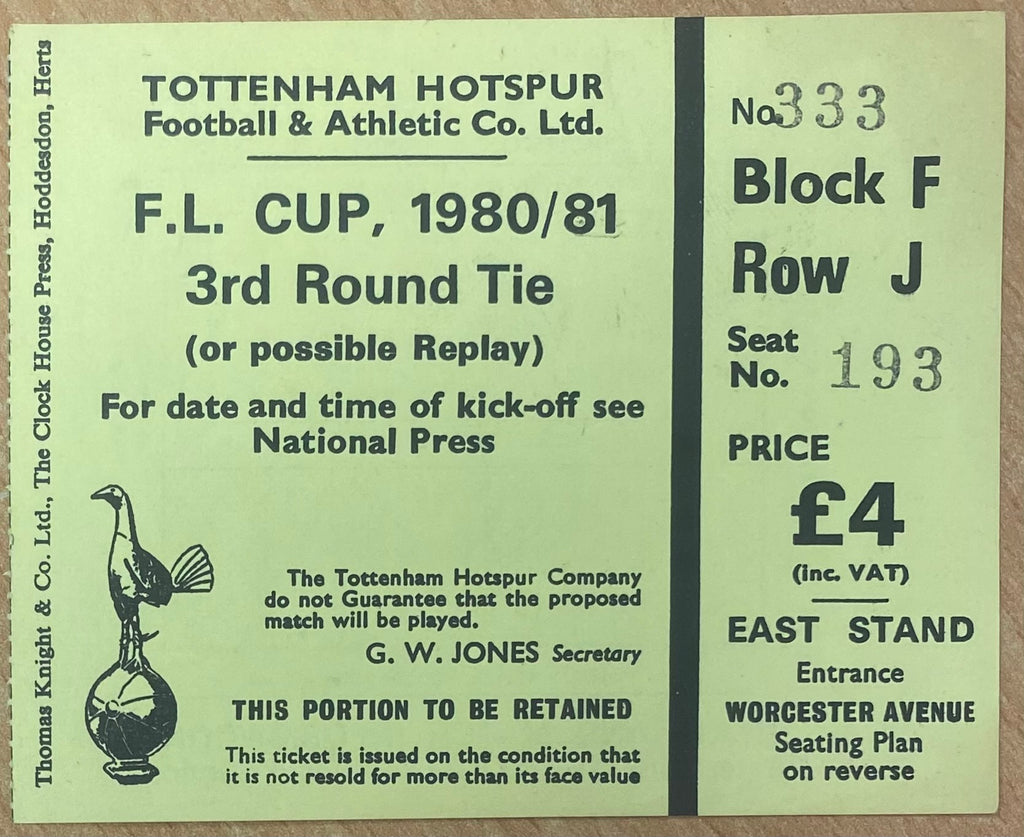 1980/81 ORIGINAL LEAGUE CUP 3RD ROUND TICKET TOTTENHAM HOTSPUR V CRYSTAL PALACE