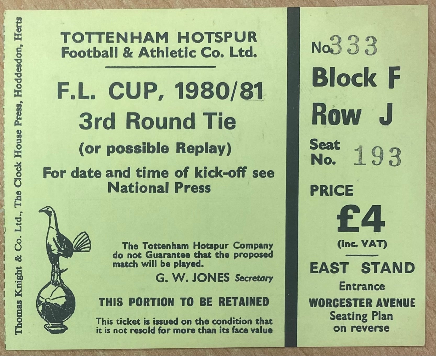 1980/81 ORIGINAL LEAGUE CUP 3RD ROUND TICKET TOTTENHAM HOTSPUR V CRYSTAL PALACE