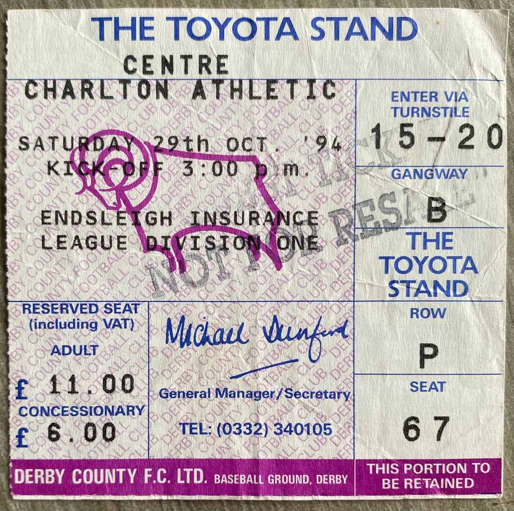 1994/95 ORIGINAL DIVISION 1 TICKET DERBY COUNTY V CHARLTON ATHLETIC