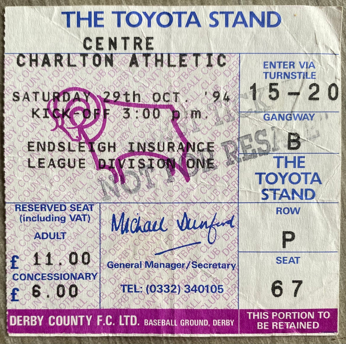 1994/95 ORIGINAL DIVISION 1 TICKET DERBY COUNTY V CHARLTON ATHLETIC