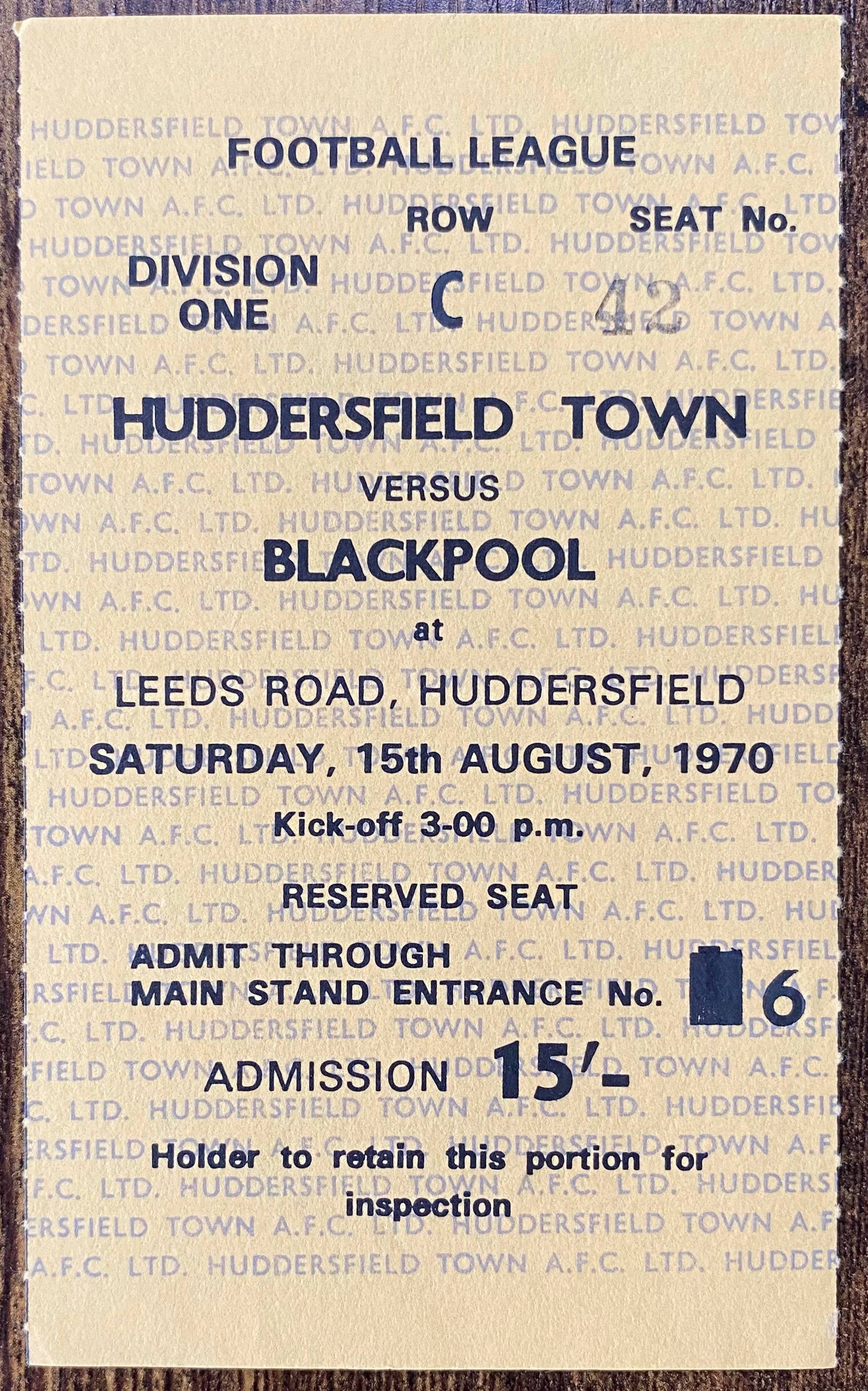 1970/71 ORIGINAL DIVISION 1 TICKET HUDDERSFIELD TOWN V BLACKPOOL