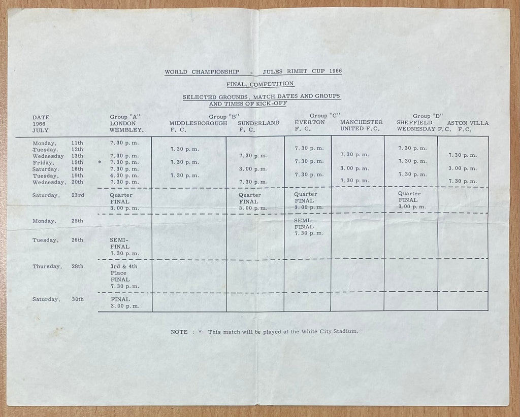 1966 WORLD CUP ORIGINAL OFFICIAL TICKET INFORMATION AND MATCH INFORMATION SHEET