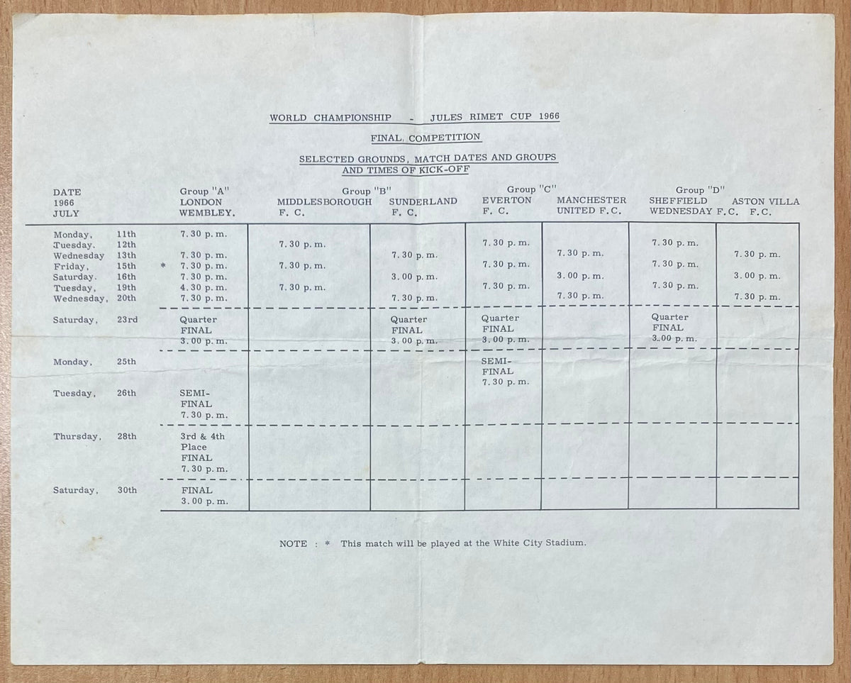1966 WORLD CUP ORIGINAL OFFICIAL TICKET INFORMATION AND MATCH INFORMATION SHEET