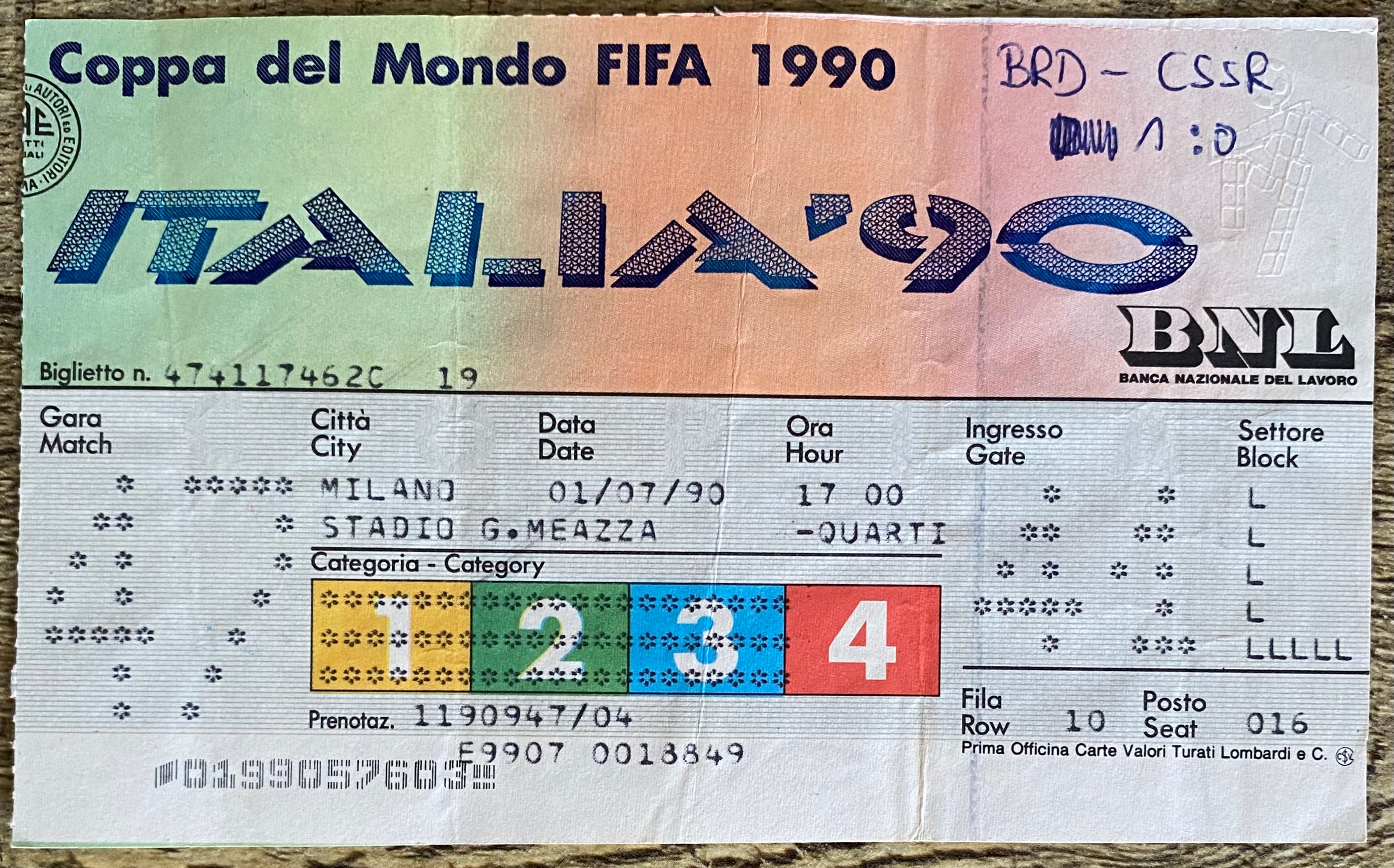 1990 ORIGINAL WORLD CUP QUARTER FINAL TICKET WEST GERMANY V CZECHOSLOVAKIA @ MILAN
