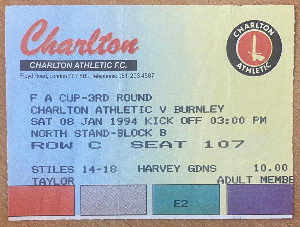 1993/94 ORIGINAL FA CUP 3RD ROUND TICKET CHARLTON ATHLETIC V BURNLEY