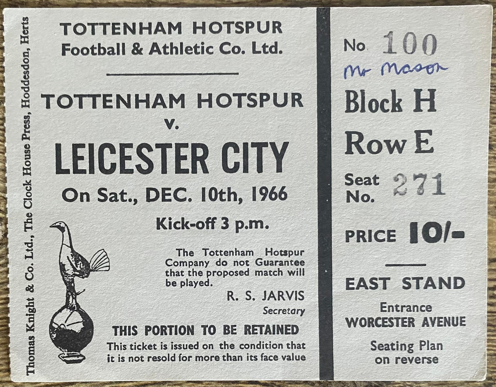1966/67 ORIGINAL DIVISION ONE TICKET TOTTENHAM HOTSPUR V LEICESTER CITY