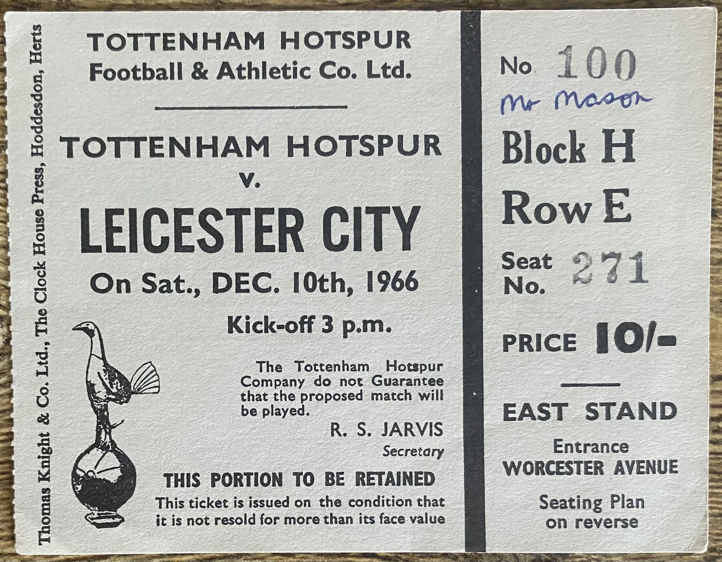 1966/67 ORIGINAL DIVISION ONE TICKET TOTTENHAM HOTSPUR V LEICESTER CITY