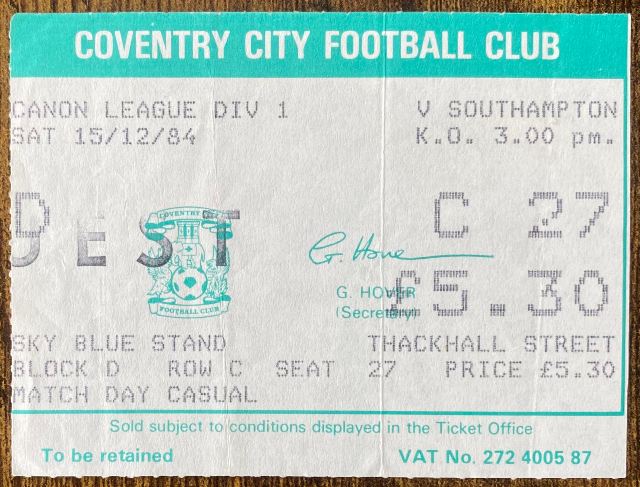 1984/85 ORIGINAL DIVISION 1 TICKET COVENTRY CITY V SOUTHAMPTON