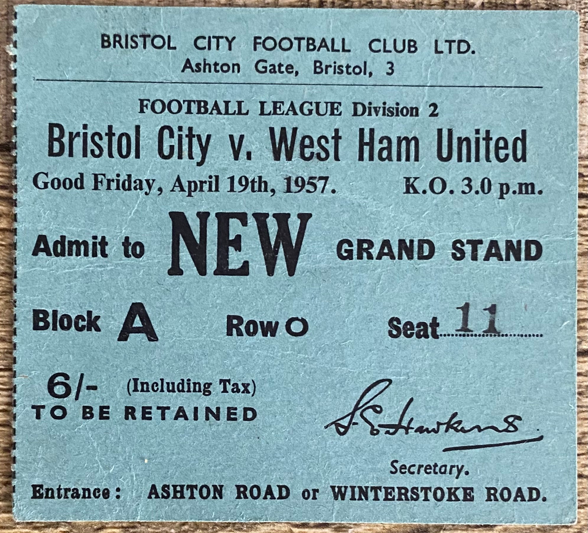 1956/57 ORIGINAL DIVISION 2 TICKET BRISTOL CITY V WEST HAM UNITED