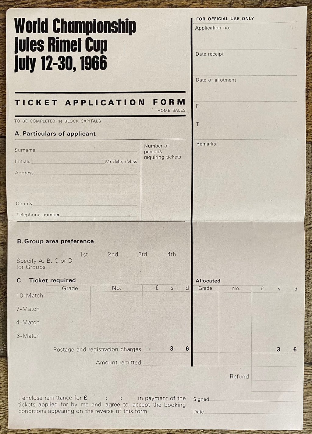 1966 WORLD CUP ORIGINAL OFFICIAL TICKET APPLICATION FORM