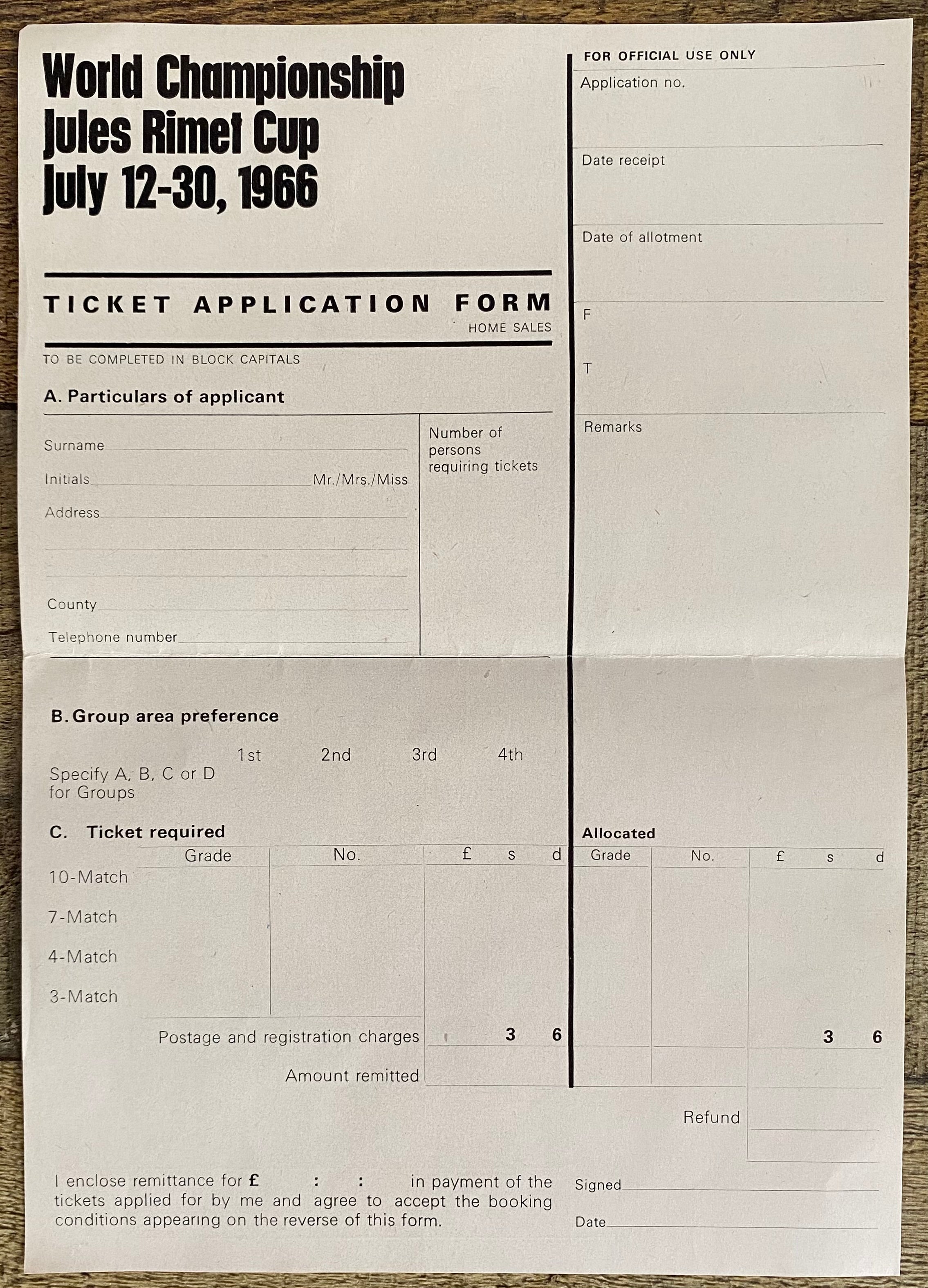 1966 WORLD CUP ORIGINAL OFFICIAL TICKET APPLICATION FORM
