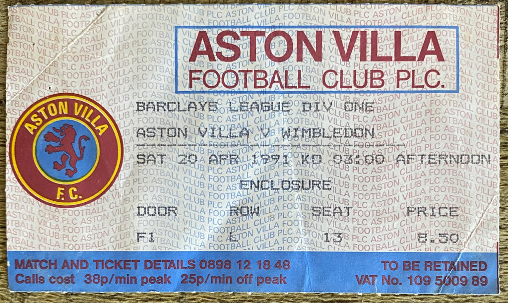 1990/91 ORIGINAL DIVISION 1 TICKET ASTON VILLA V WIMBLEDON