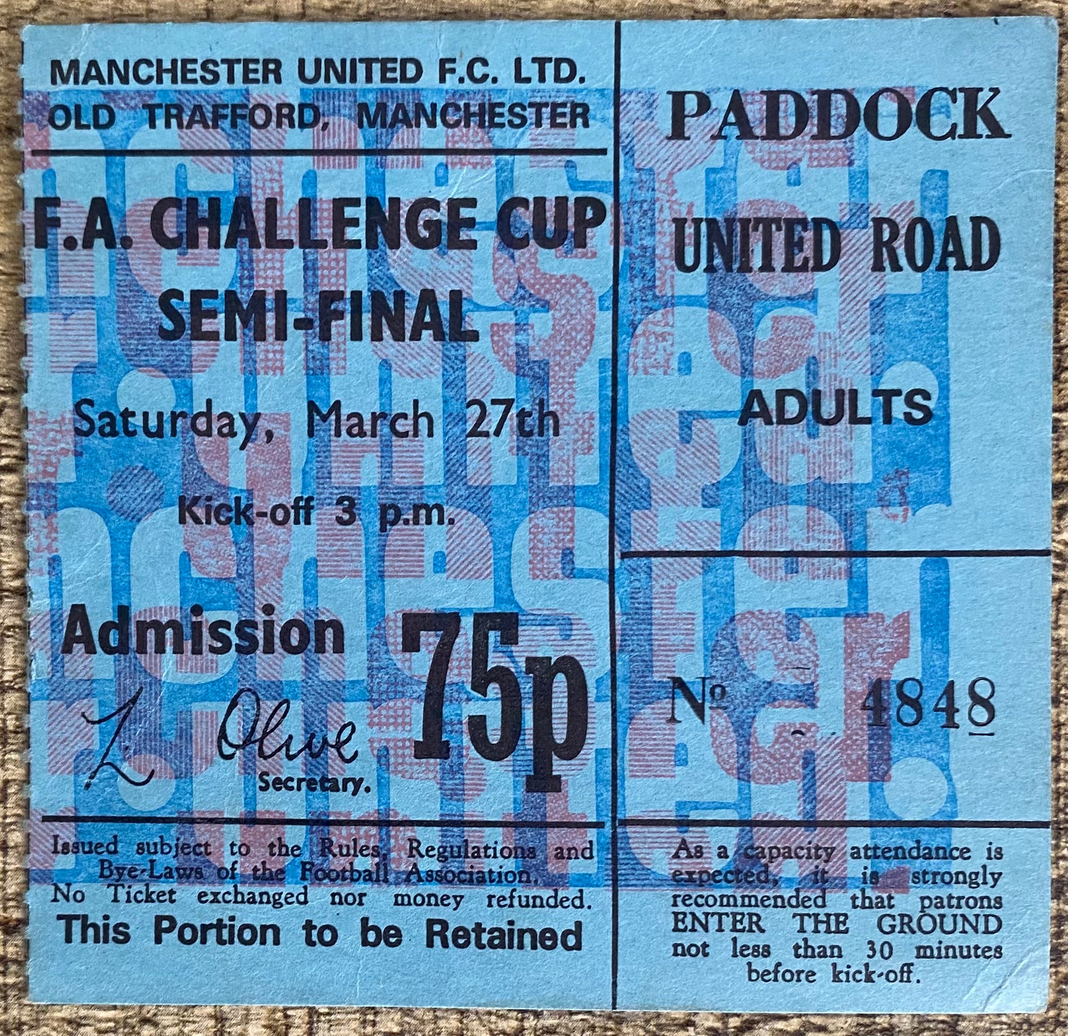 1971 ORIGINAL FA CUP SEMI FINAL TICKET LIVERPOOL V EVERTON @ OLD TRAFFORD