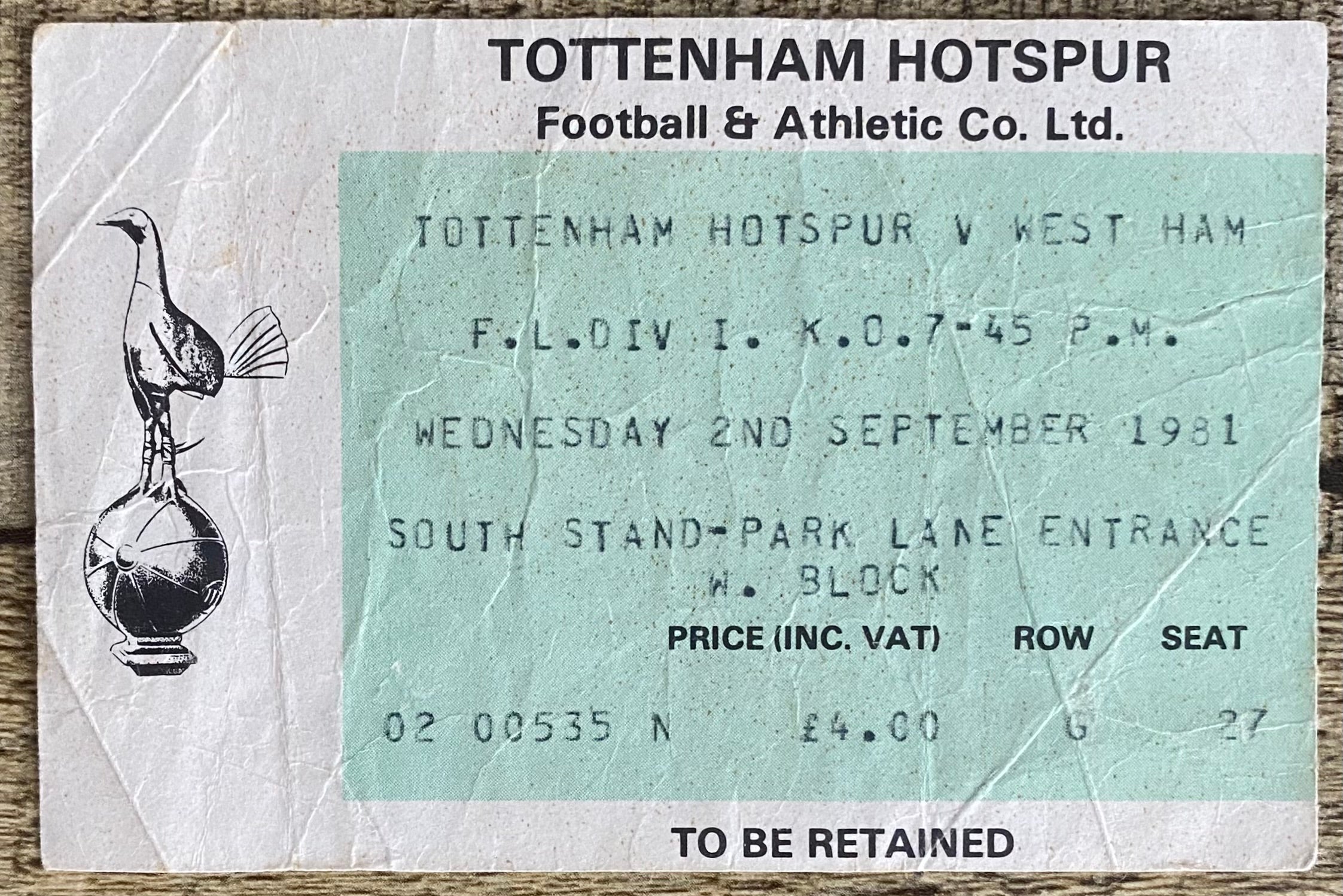 1981/82 ORIGINAL DIVISION ONE TICKET TOTTENHAM HOTSPUR V WEST HAM UNITED