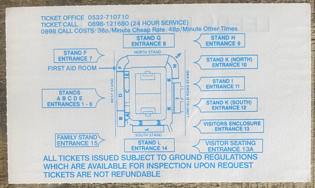 1992/93 ORIGINAL PREMIER LEAGUE TICKET LEEDS UNITED V SHEFFIELD WEDNESDAY