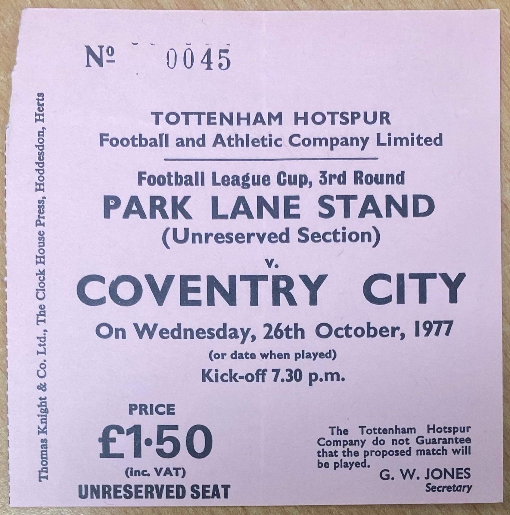 1977/78 ORIGINAL LEAGUE CUP 3RD ROUND TICKET TOTTENHAM HOTSPUR V COVENTRY CITY