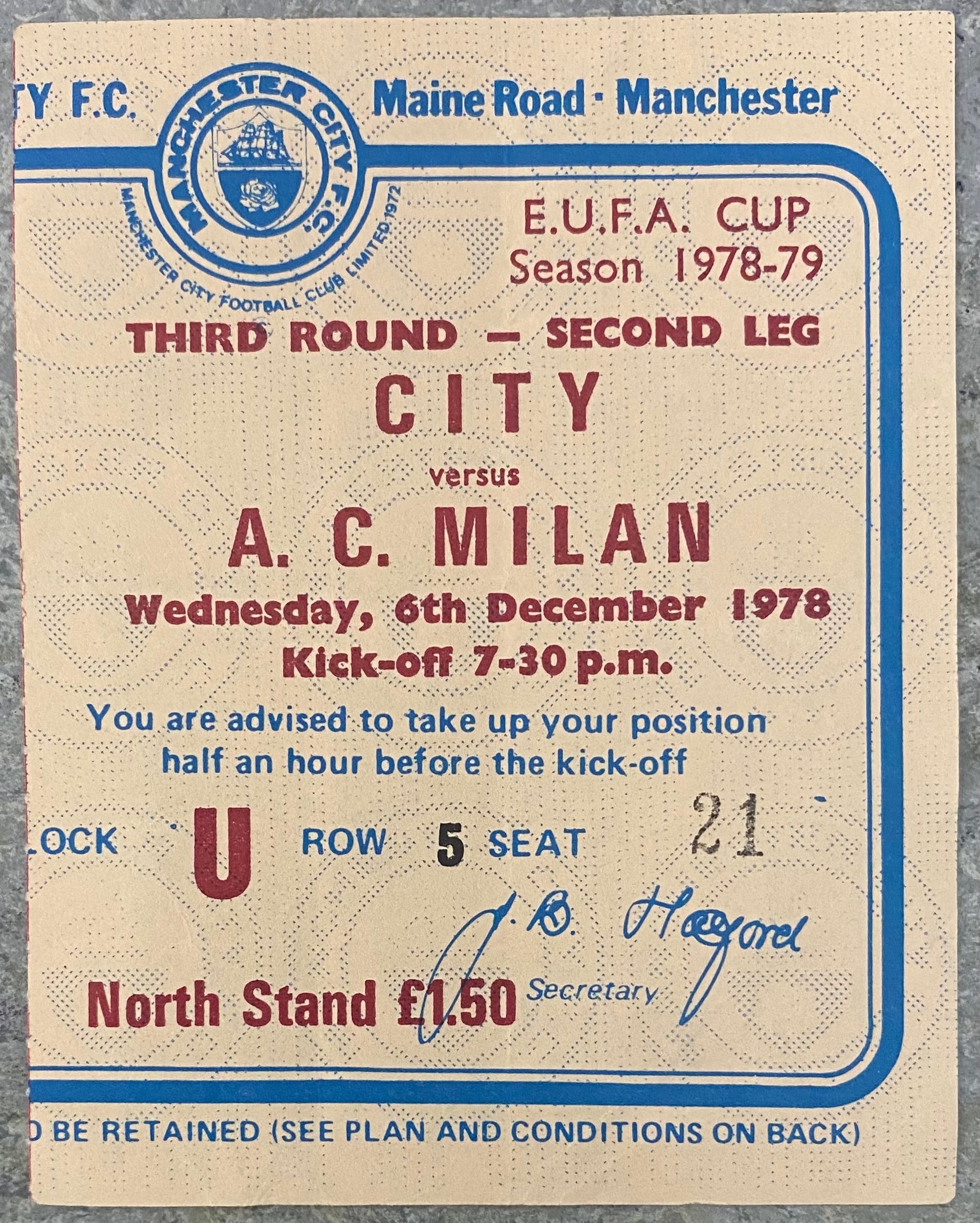1978/79 ORIGINAL UEFA CUP 3RD ROUND 2ND LEG TICKET MANCHESTER CITY V AC MILAN