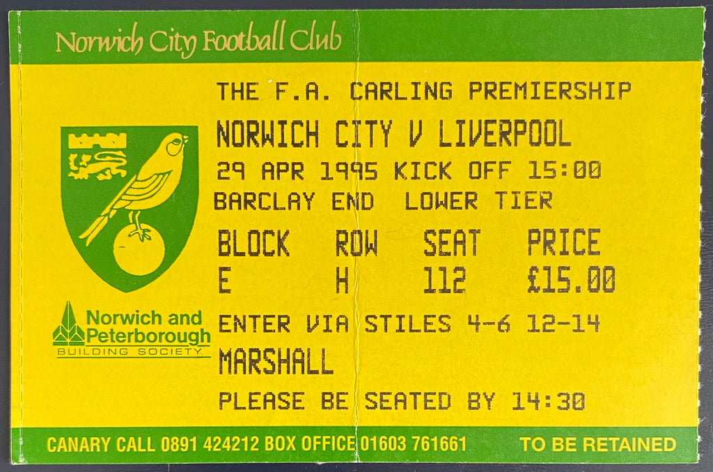 1994/95 ORIGINAL FA PREMIERSHIP TICKET NORWICH CITY V LIVERPOOL