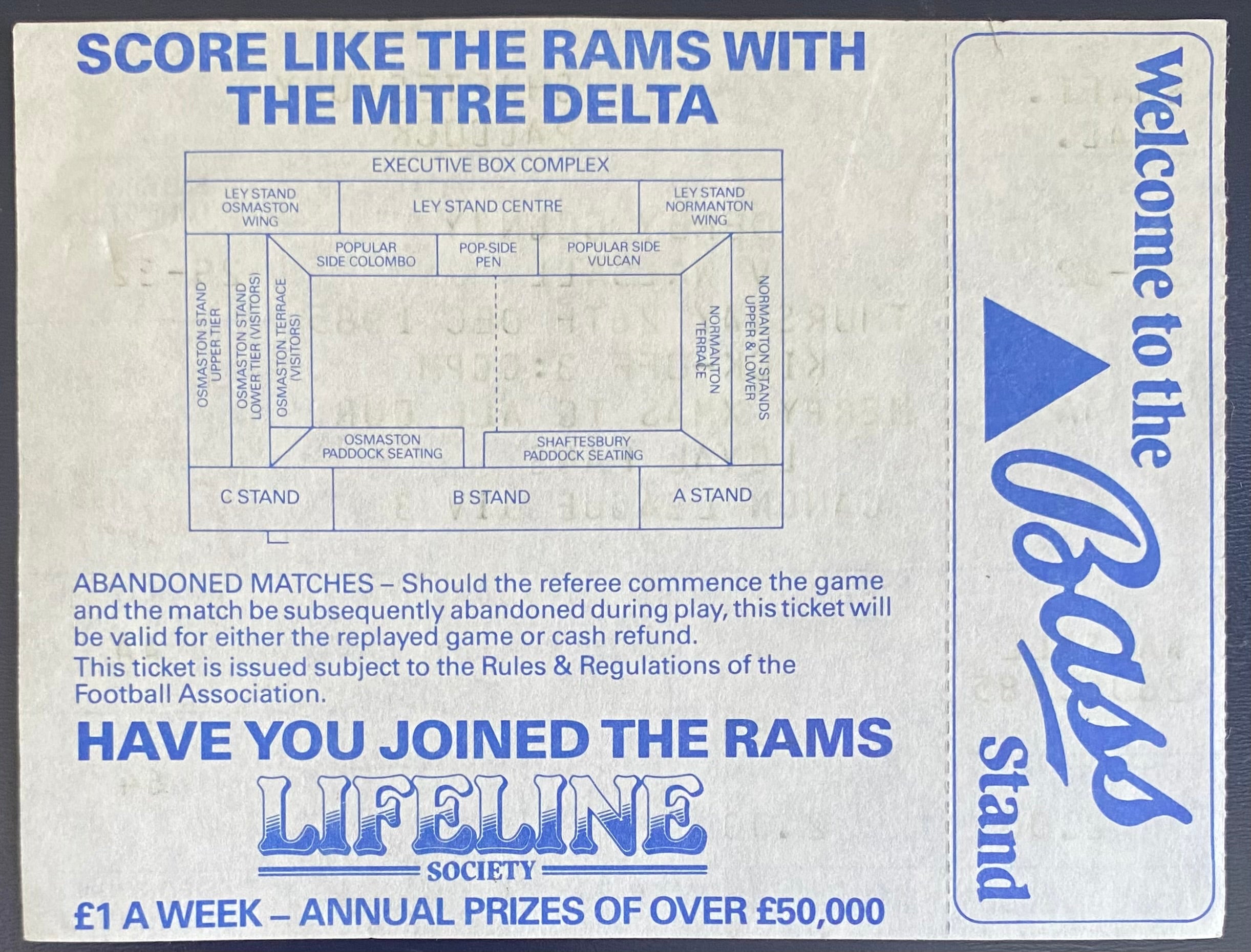 1985/86 ORIGINAL DIVISION 3 UNUSED TICKET DERBY COUNTY V WALSALL