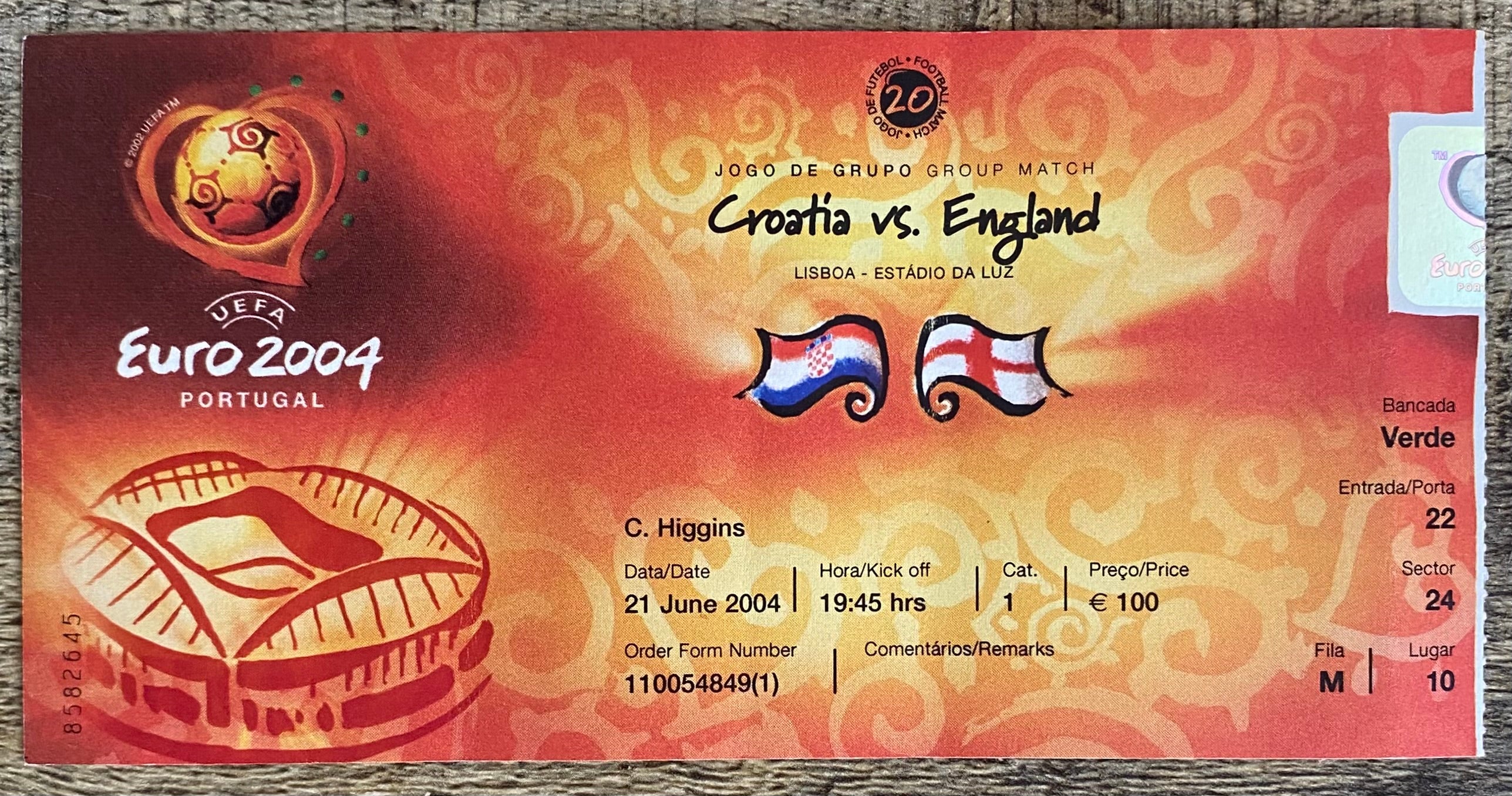 2004 ORIGINAL EUROPEAN CHAMPIONSHIPS TICKET ENGLAND V CROATIA @ LISBON