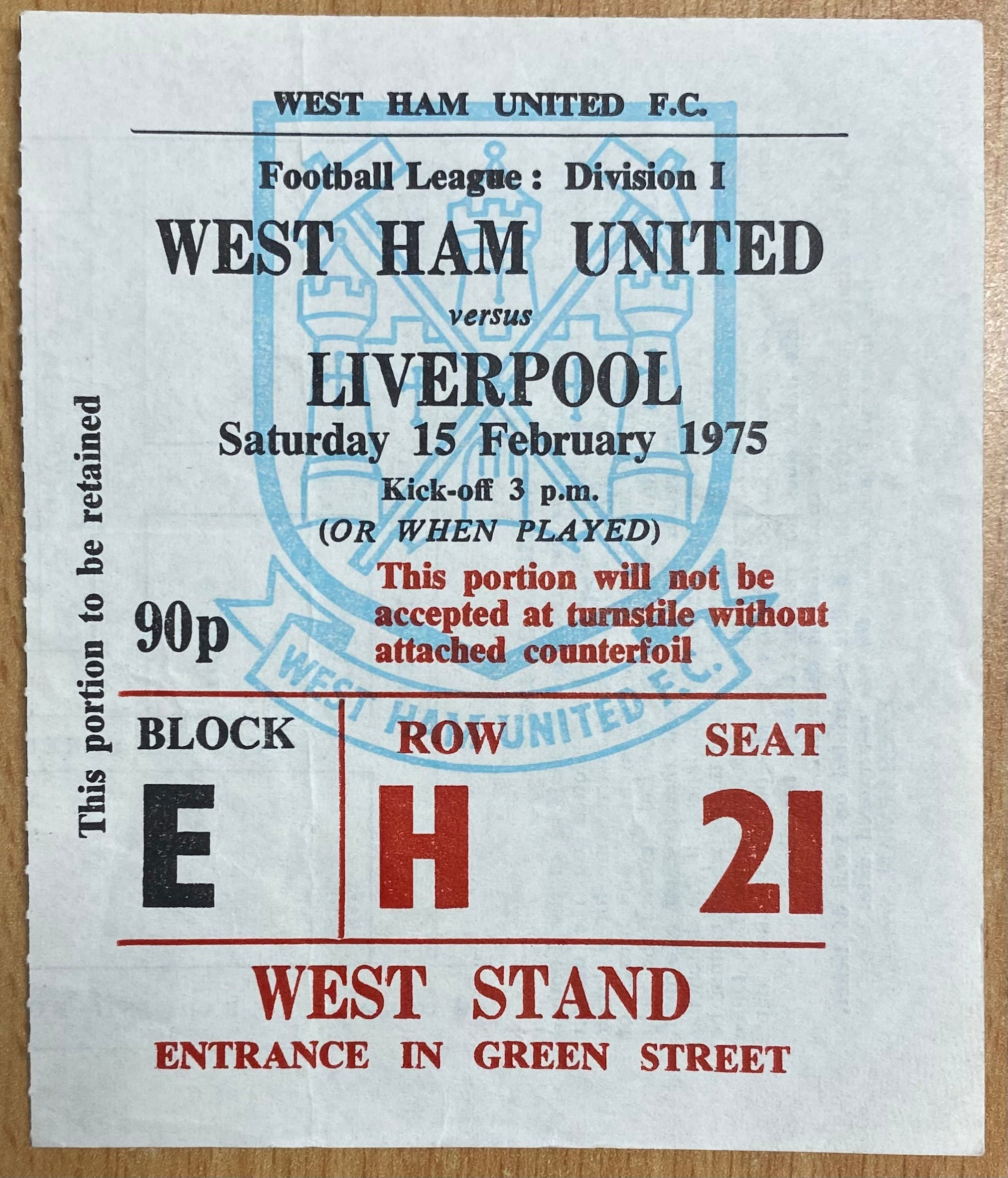 1974/75 ORIGINAL DIVISION ONE TICKET WEST HAM UNITED V LIVERPOOL