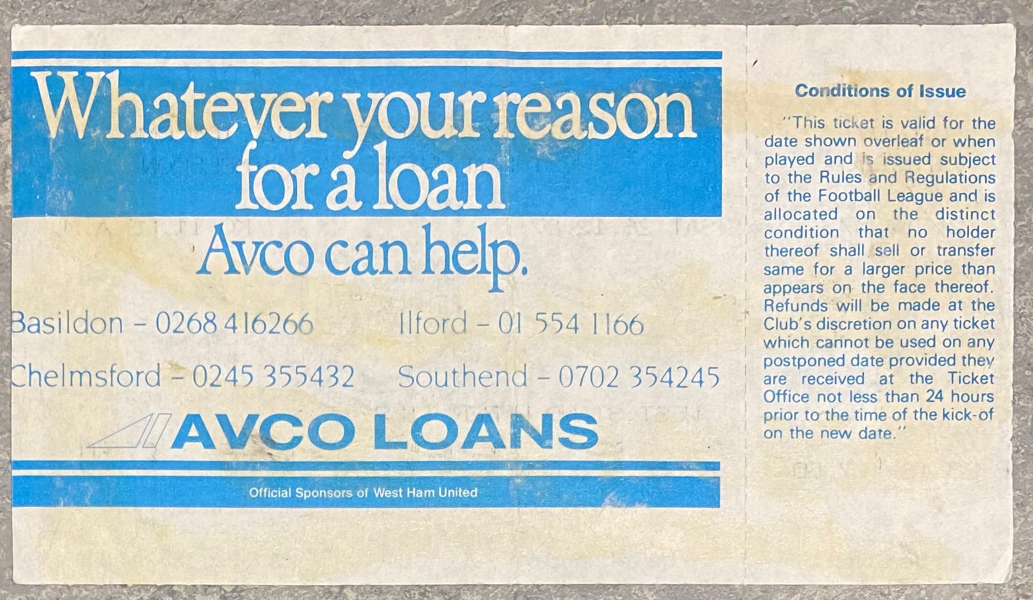 1987/88 ORIGINAL DIVISION ONE UNUSED TICKET WEST HAM UNITED V WIMBLEDON