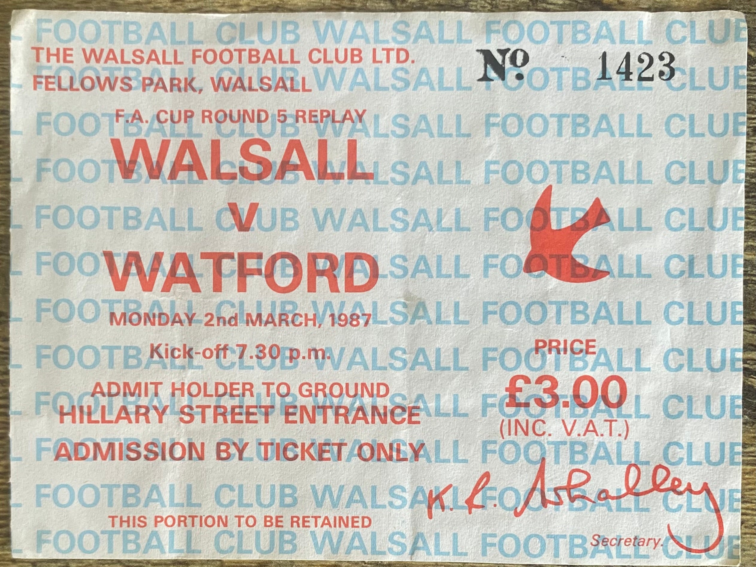 1986/87 ORIGINAL FA CUP 5TH ROUND 2ND REPLAY TICKET WALSALL V WATFORD