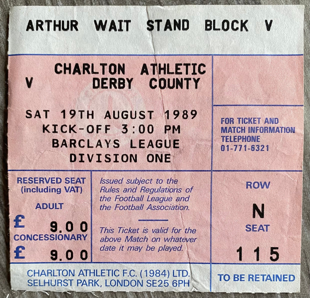1989/90 ORIGINAL DIVISION 1 TICKET CHARLTON ATHLETIC V DERBY COUNTY