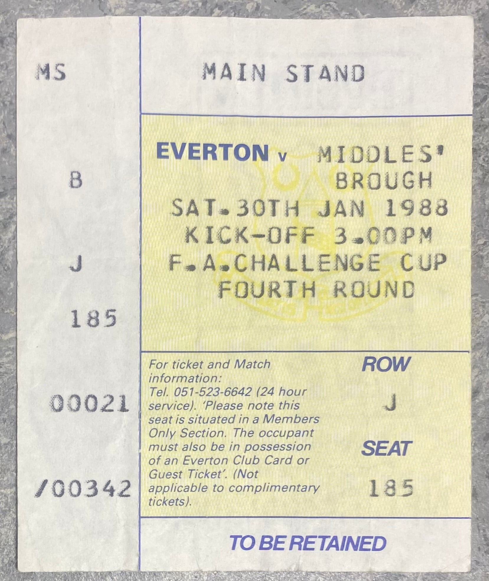 1987/88 ORIGINAL FA CUP 4TH ROUND  TICKET  EVERTON V MIDDLESBROUGH