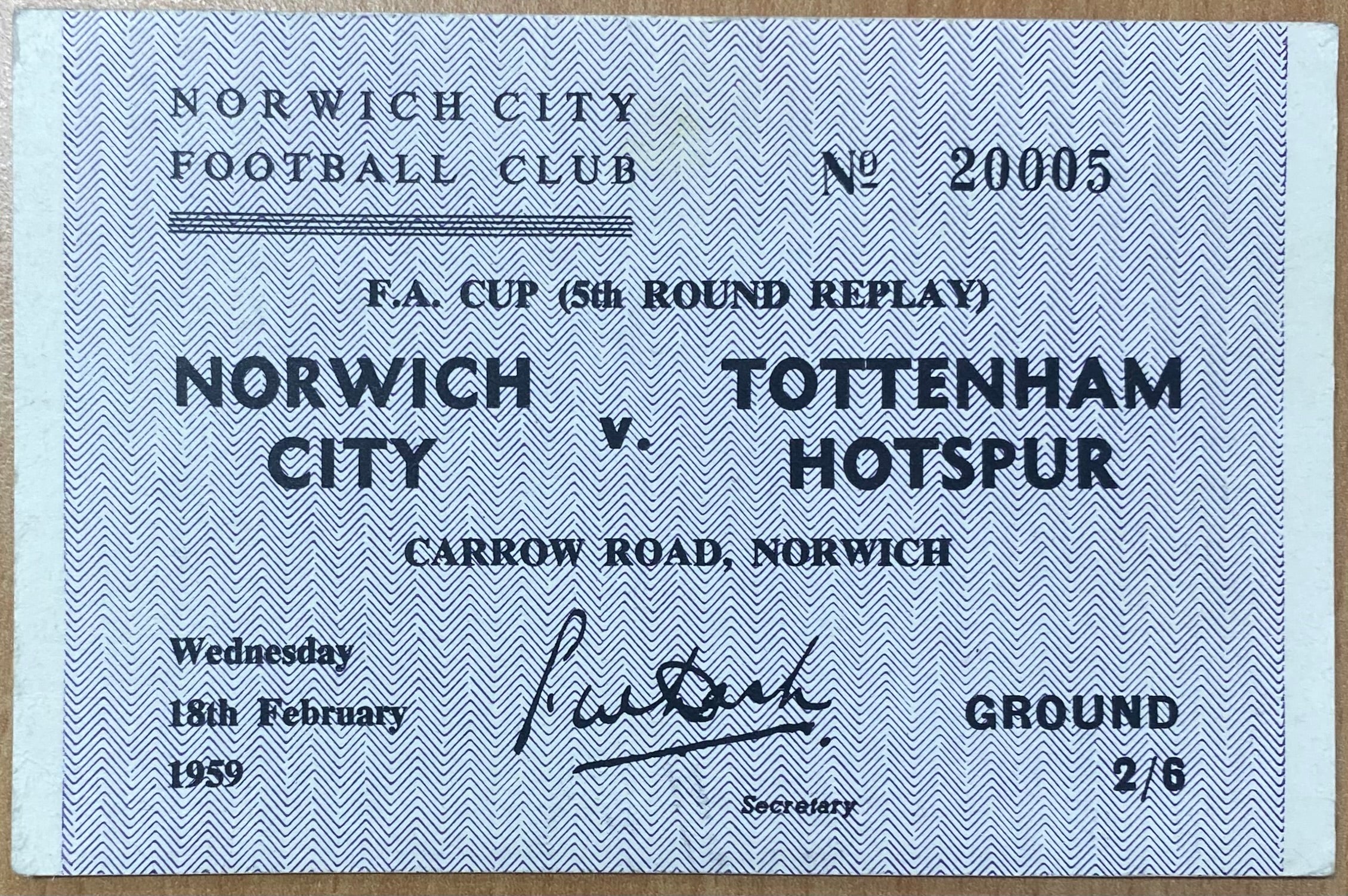 1958/59 ORIGINAL FA CUP 5TH ROUND REPLAY TICKET NORWICH CITY V TOTTENHAM HOTSPUR