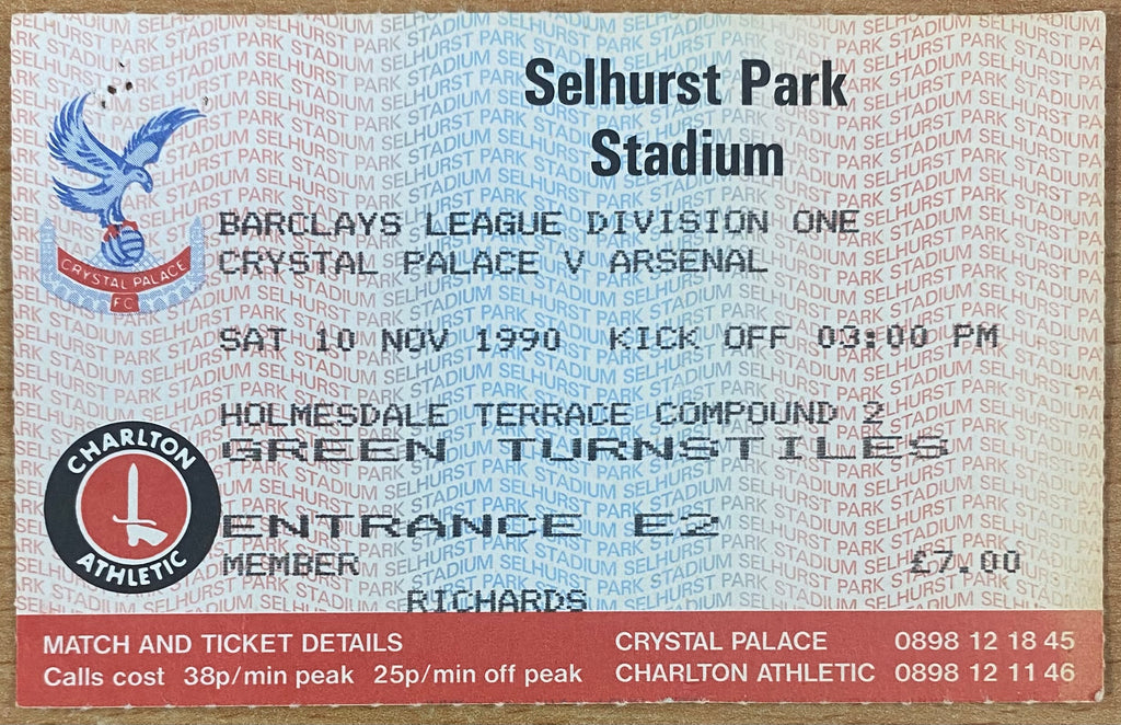 1990/91 ORIGINAL DIVISION 1 TICKET CRYSTAL PALACE V ARSENAL