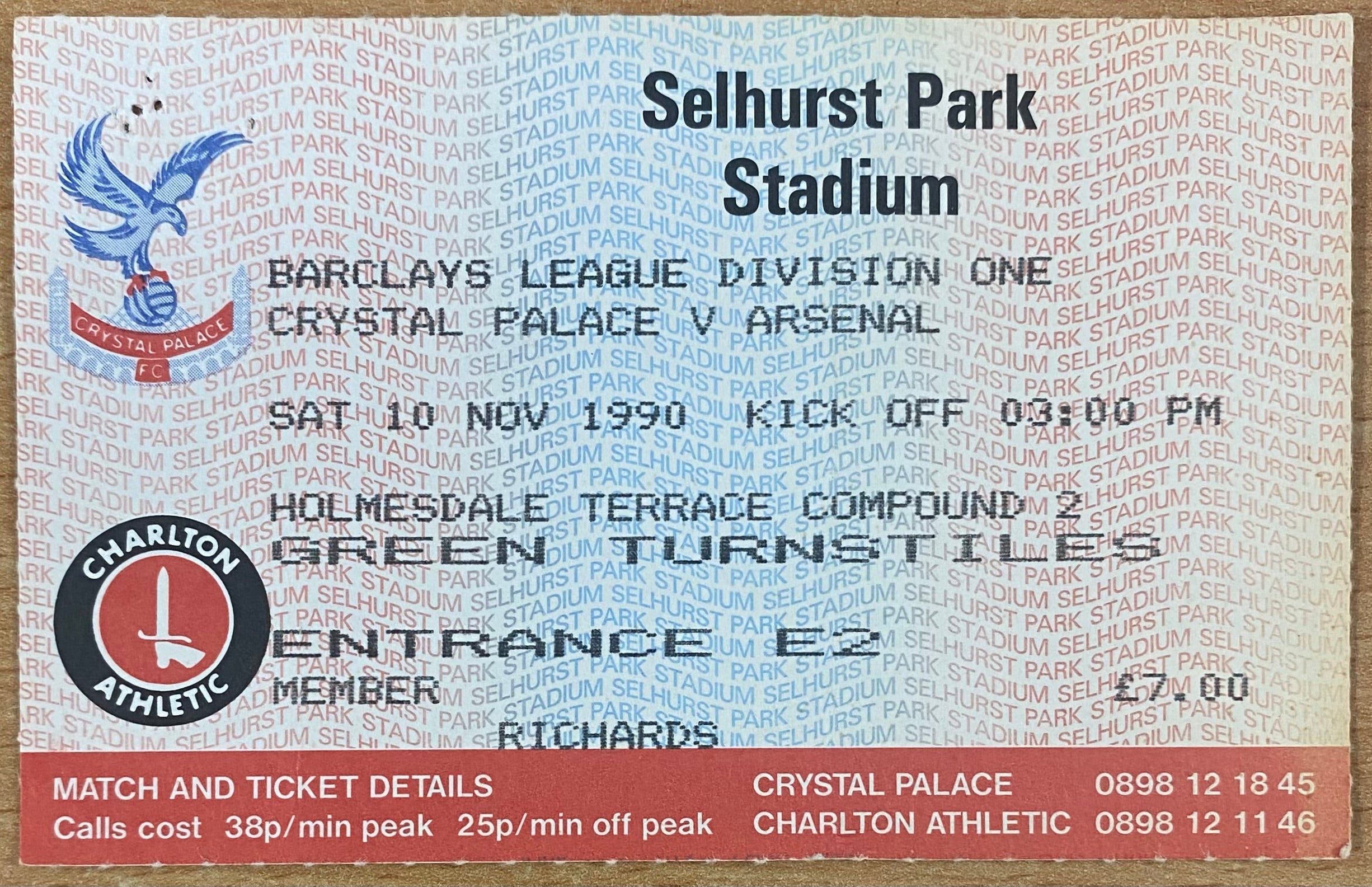 1990/91 ORIGINAL DIVISION 1 TICKET CRYSTAL PALACE V ARSENAL