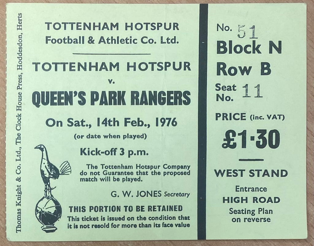 1975/76 ORIGINAL DIVISION ONE TICKET TOTTENHAM HOTSPUR V QUEENS PARK RANGERS