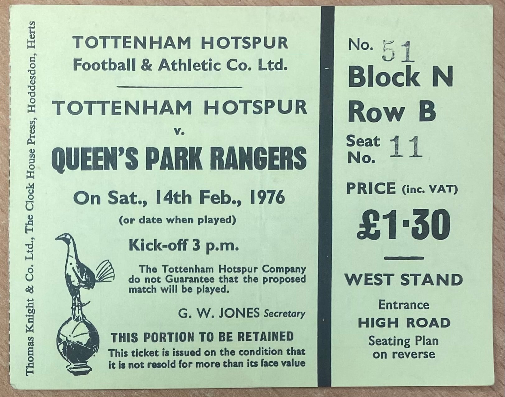 1975/76 ORIGINAL DIVISION ONE TICKET TOTTENHAM HOTSPUR V QUEENS PARK RANGERS