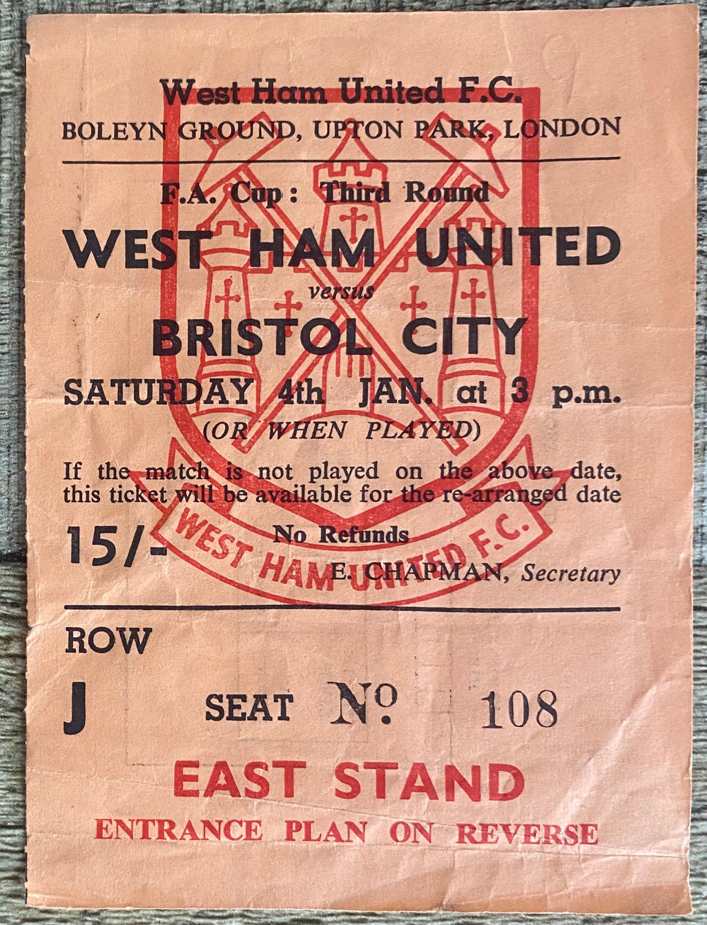 1968/69 ORIGINAL FA CUP 3RD ROUND TICKET WEST HAM UNITED V BRISTOL CITY