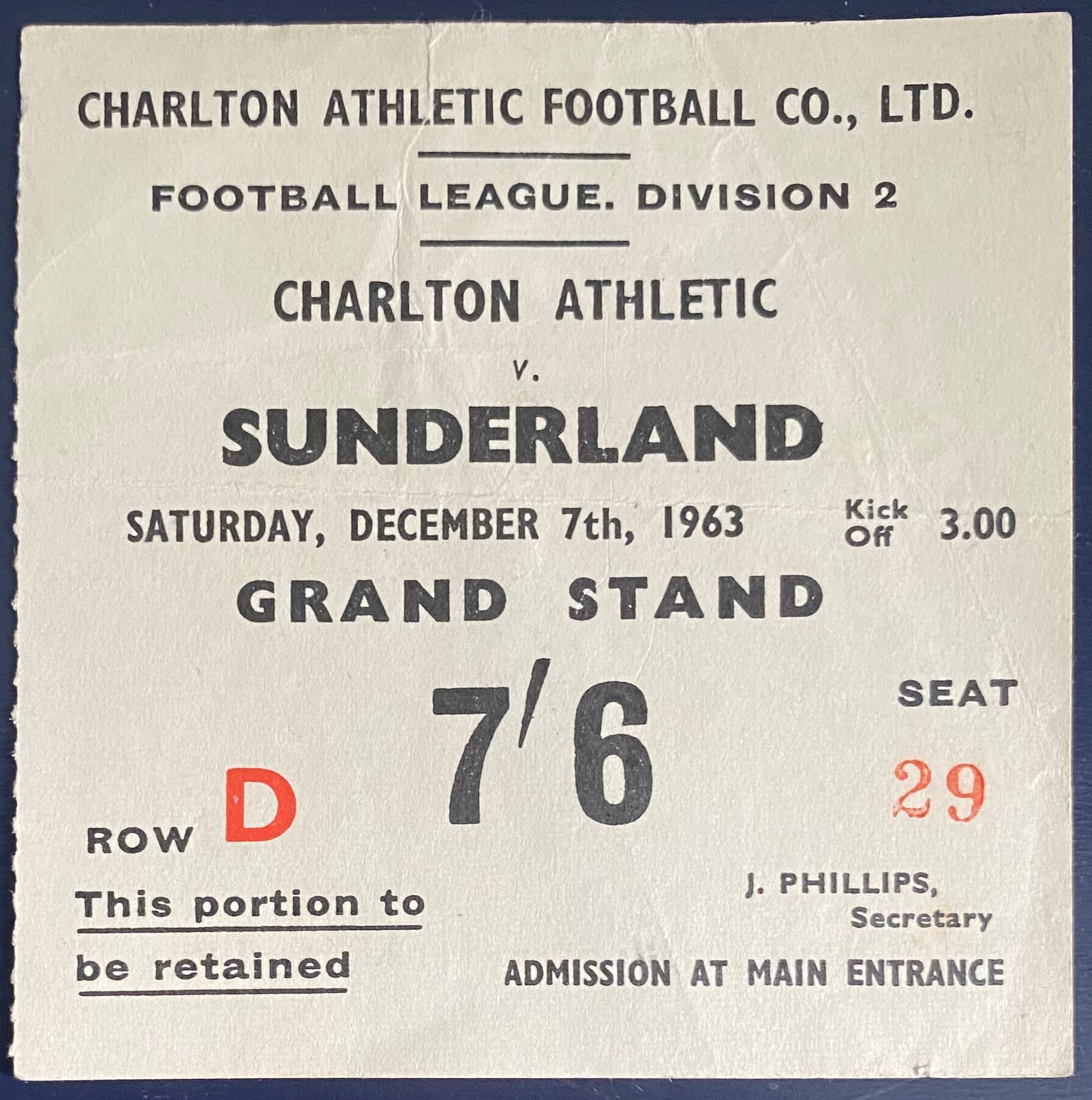 1963/64 ORIGINAL DIVISION 2 TICKET CHARLTON ATHLETIC V SUNDERLAND