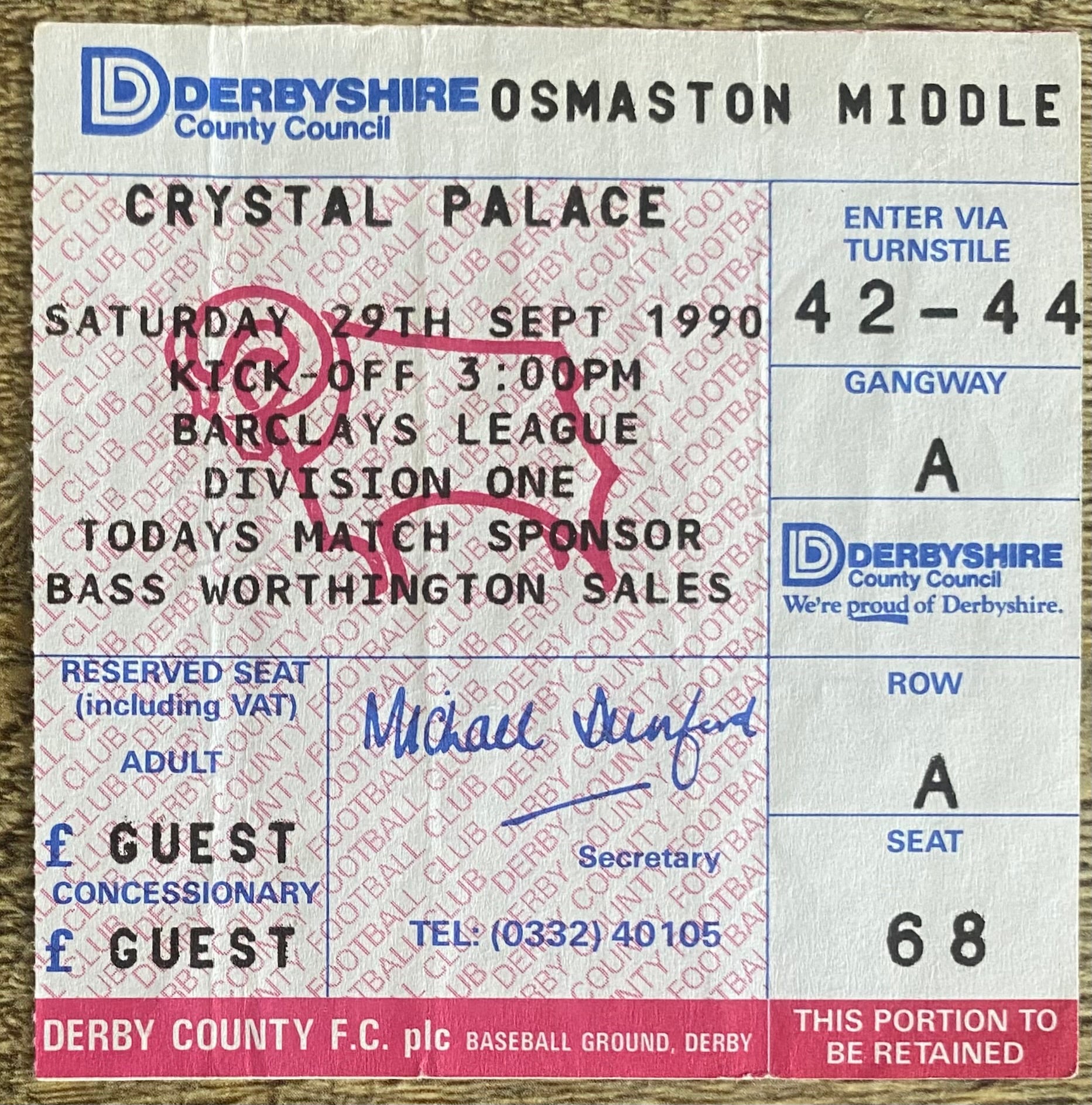 1990/91 ORIGINAL DIVISION ONE TICKET DERBY COUNTY V CRYSTAL PALACE
