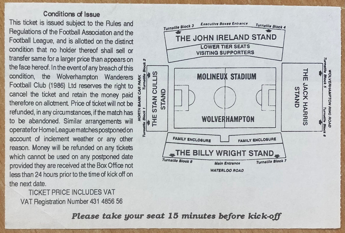 1993/94 ORIGINAL DIVISION 1 TICKET WOLVERHAMPTON WANDERERS V CHARLTON ATHLETIC