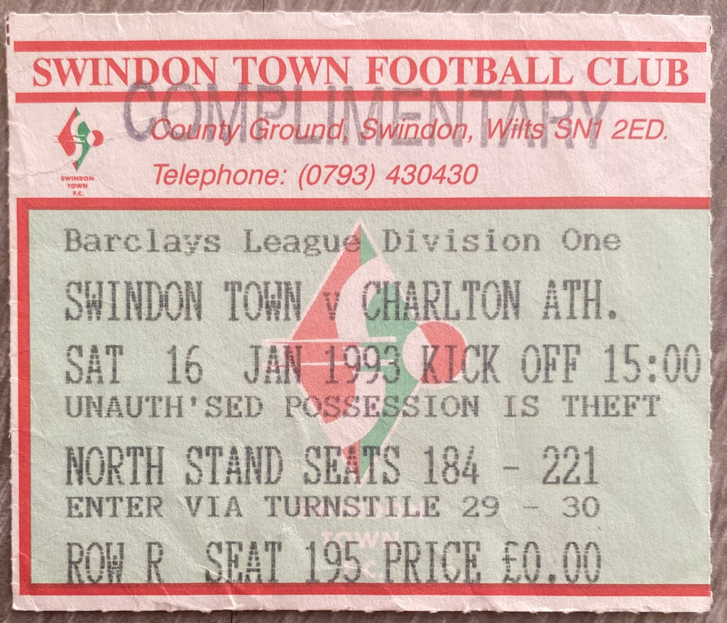 1992/93 ORIGINAL DIVISION 1 TICKET SWINDON TOWN V CHARLTON ATHLETIC