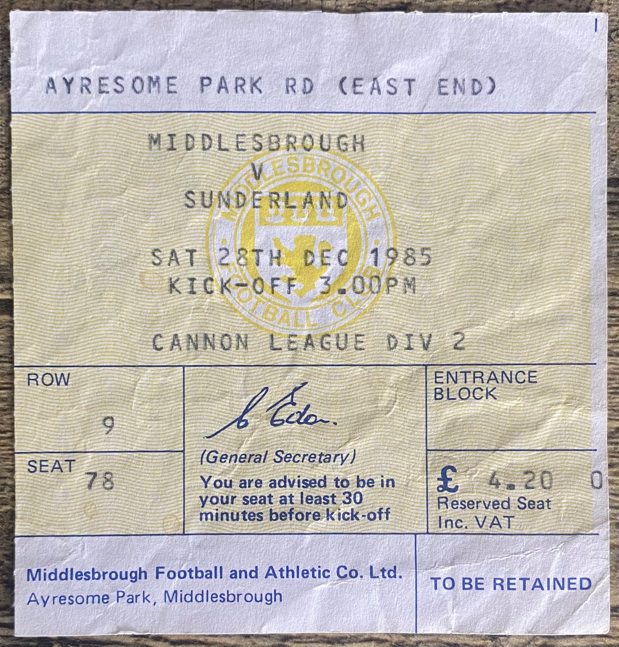 1985/86 ORIGINAL DIVISION 2 TICKET MIDDLESBROUGH V SUNDERLAND