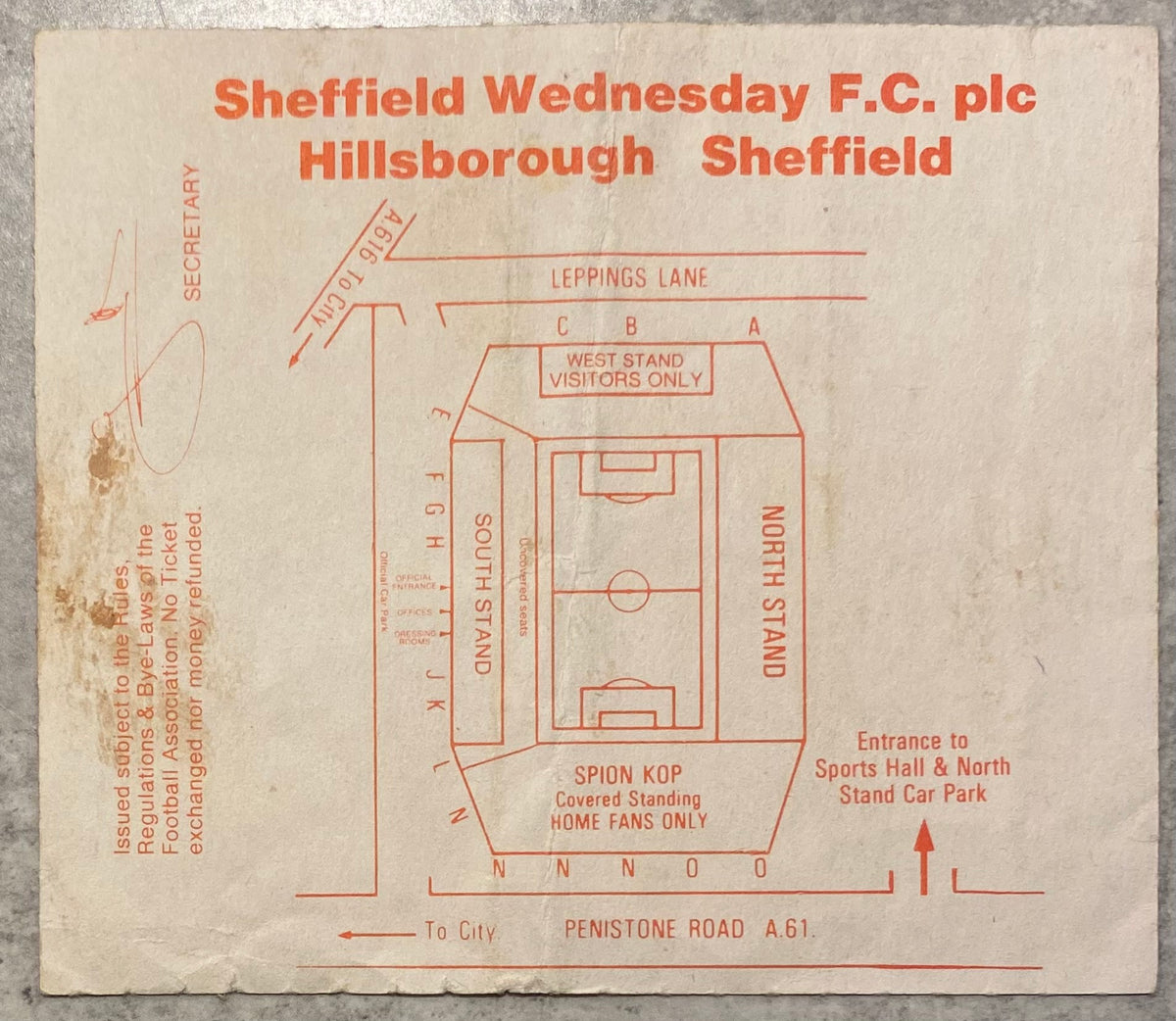 1990/91 ORIGINAL DIVISION 2 TICKET  SHEFFIELD WEDNESDAY V WEST HAM UNITED
