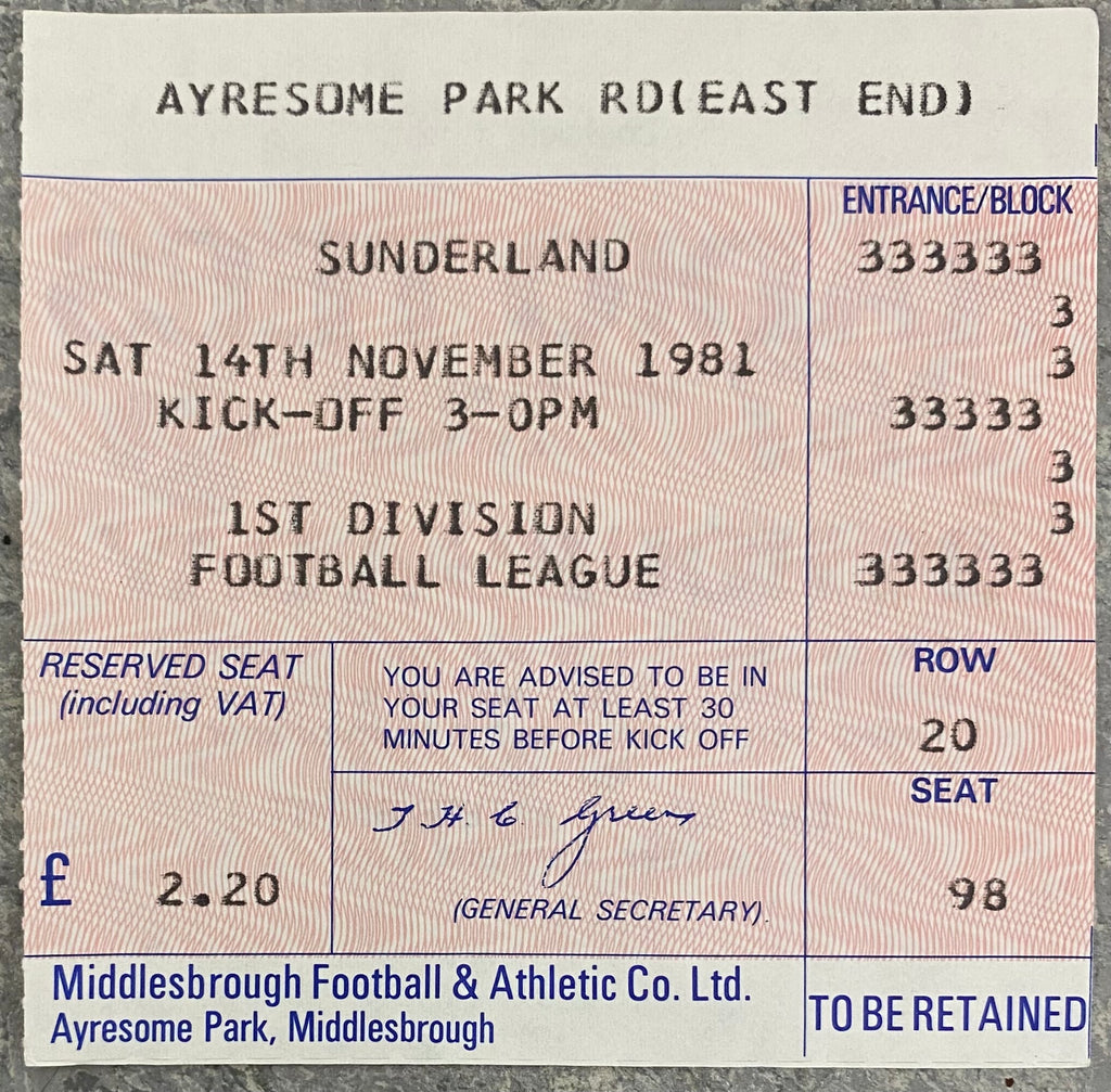 1981/82 ORIGINAL DIVISION 2 TICKET MIDDLESBROUGH V SUNDERLAND