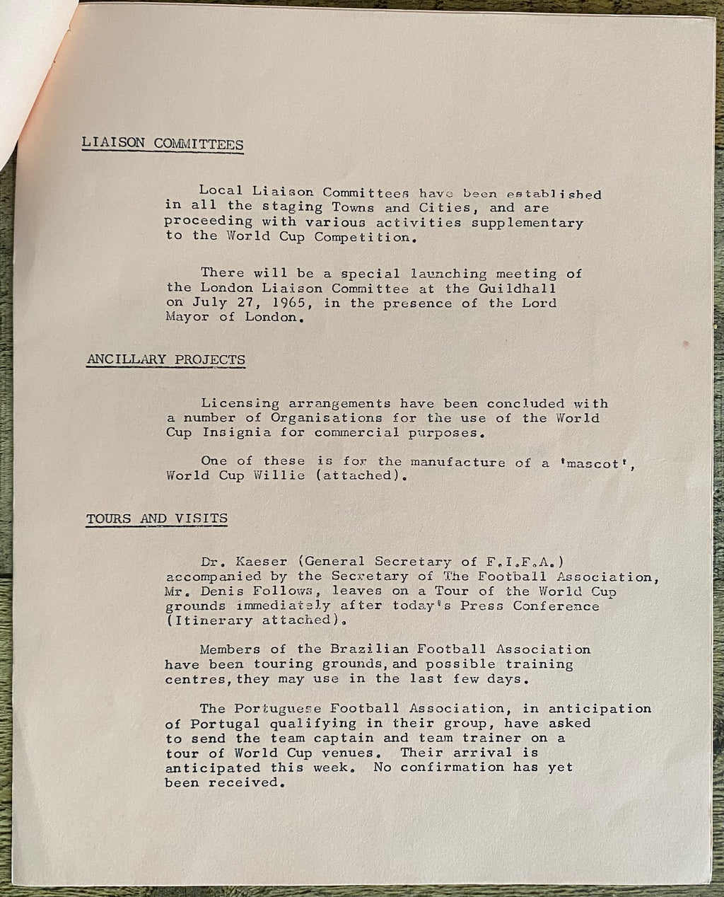 1966 WORLD CUP ORGANISATION ORIGINAL OFFICIAL PRESS CONFERENCE AGENDA JULY 1965 (6 PAGES)